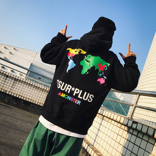 秋冬地图情侣加绒连帽卫衣