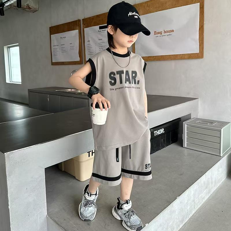 男童夏季薄款无袖套装2025新款中大童背心短裤儿童运动休闲两件套