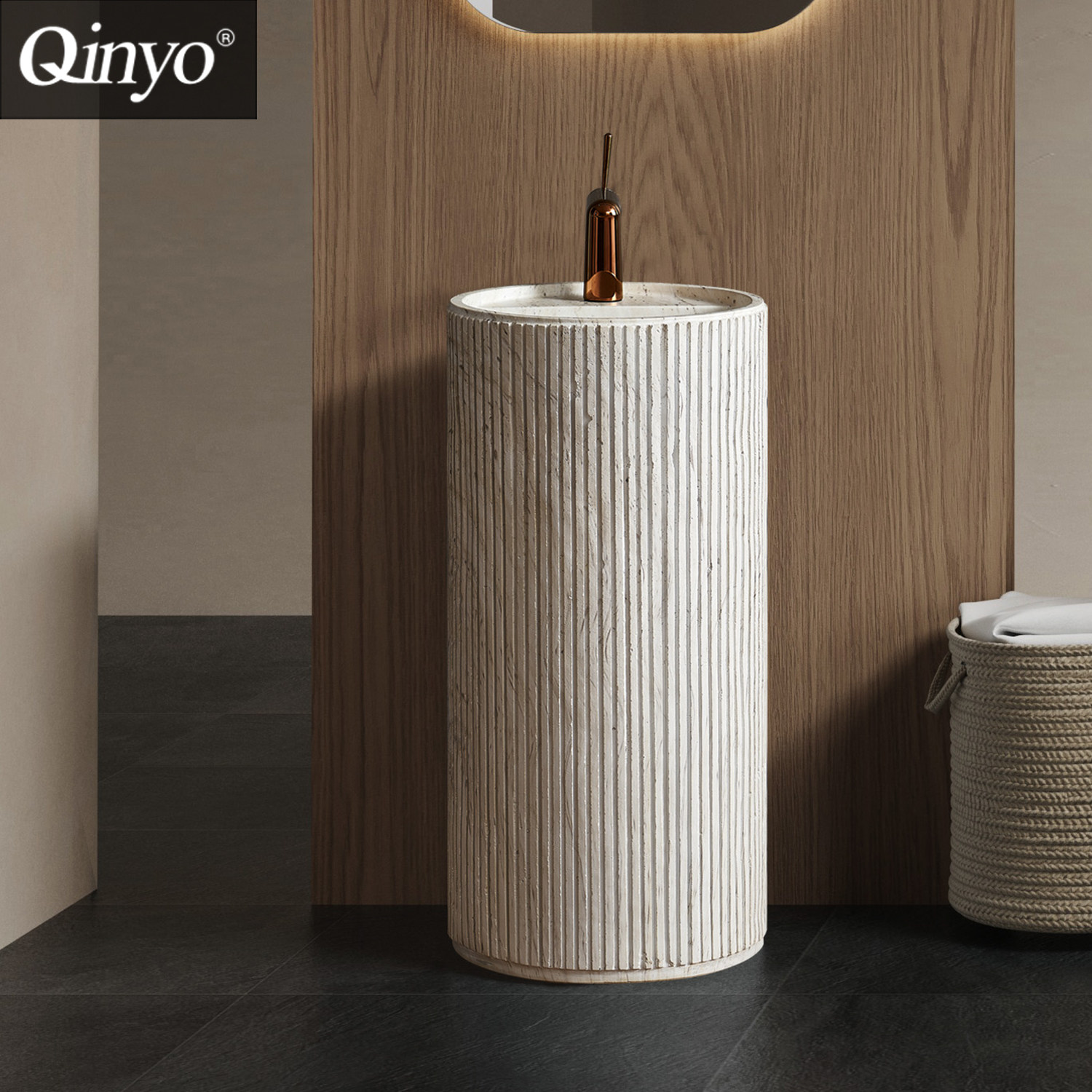 中古侘寂风天然洞石颗粒立柱洗手盆一体落地式民宿会所艺术立柱盆