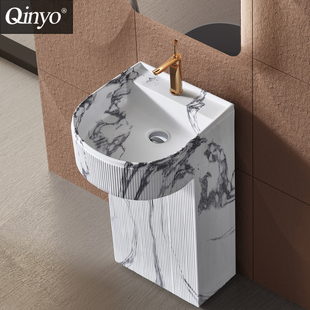 意式奢石立柱盆一体落地式浴室柜洗手盆酒店大理石纹轻奢洗手台盆