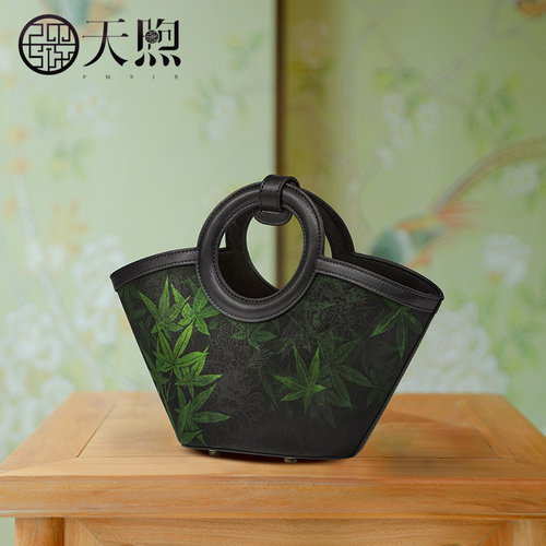 Pmsix女包中国风牛皮单肩斜挎手提黑色包母亲节实用礼物送妈妈包