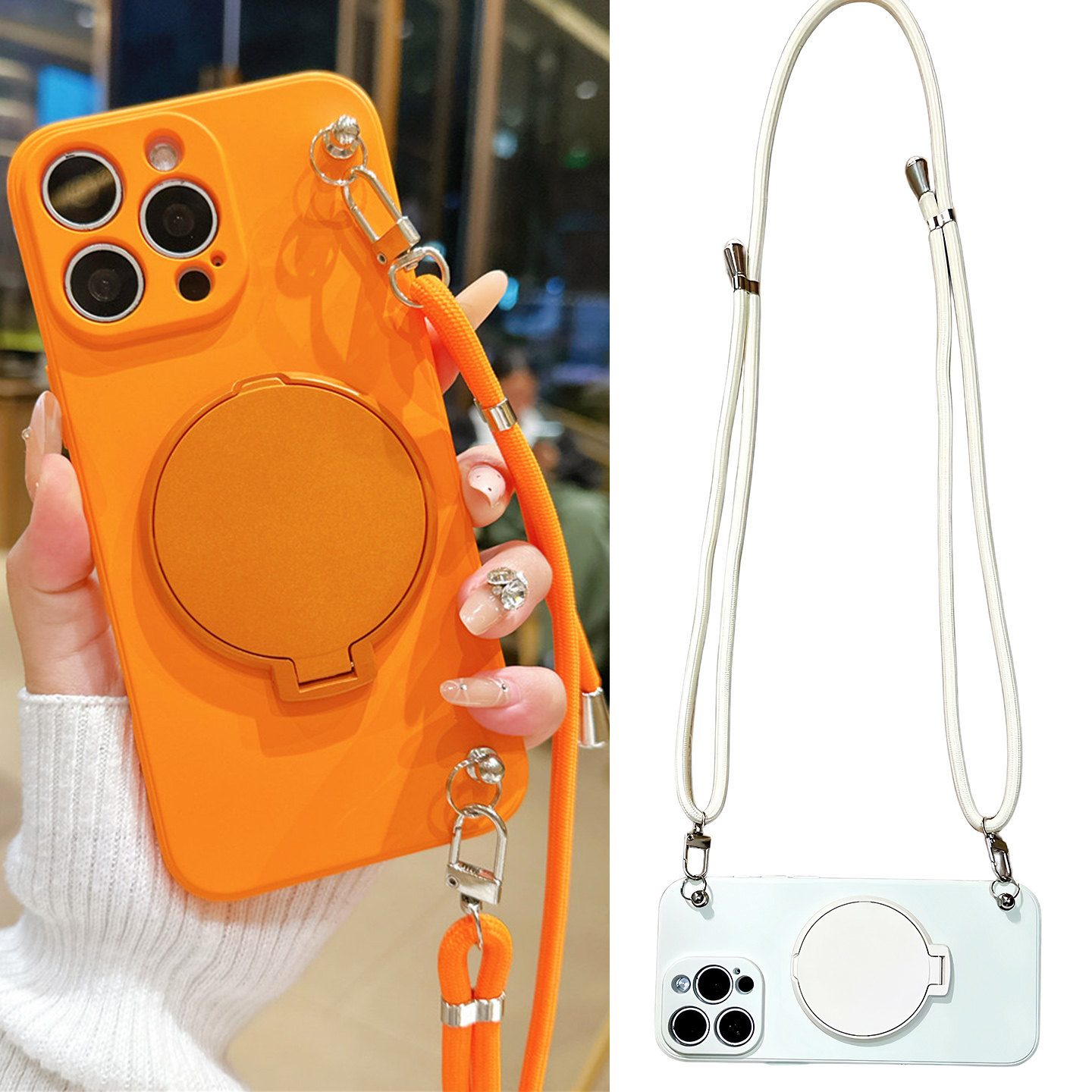 带补妆镜子支架手机壳适用苹果17女款补妆神器iPhone16promax长挂绳15plus斜挎可背带14液态软硅胶13全包防摔