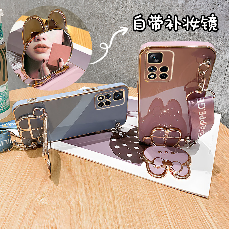 适用兔子红米note12手机壳新款竖立支架note15pro带镜子note14镜头全包边Turbo4防摔软胶note13斜挎可背挂绳