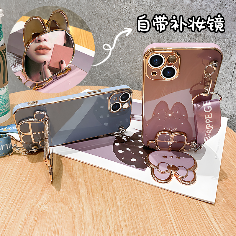 适用兔子苹果14手机壳新款横屏竖立支架iPhone13带镜子12pro镜头全包11max防摔15plus硅胶xr斜挎xs可背16挂绳