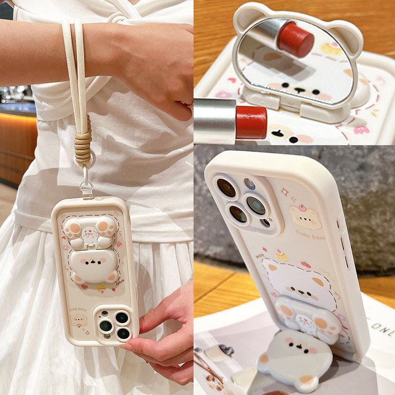 适用华为mate80手机壳带镜子支架mate70短挂绳手腕带mate60pro斜挎可背mate50可爱小熊40e硅胶软壳30全包防摔