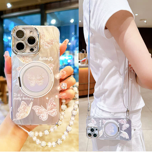 适用opporeno14pro手机壳蝴蝶磁吸支架reno13指环扣reno12珍珠链条reno11斜挎背带挂绳reno15全包镜头膜防摔