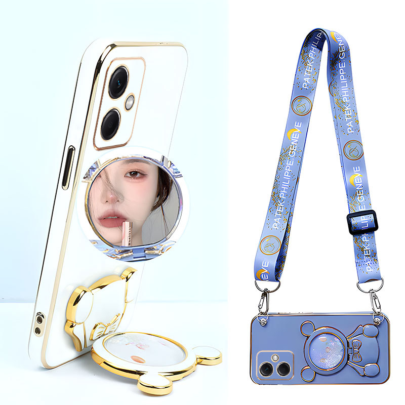 适用红米note12手机壳可背斜挎note10带支架挂绳note9镜头全包note8防摔硅胶note13pro小熊note11pro补妆镜子