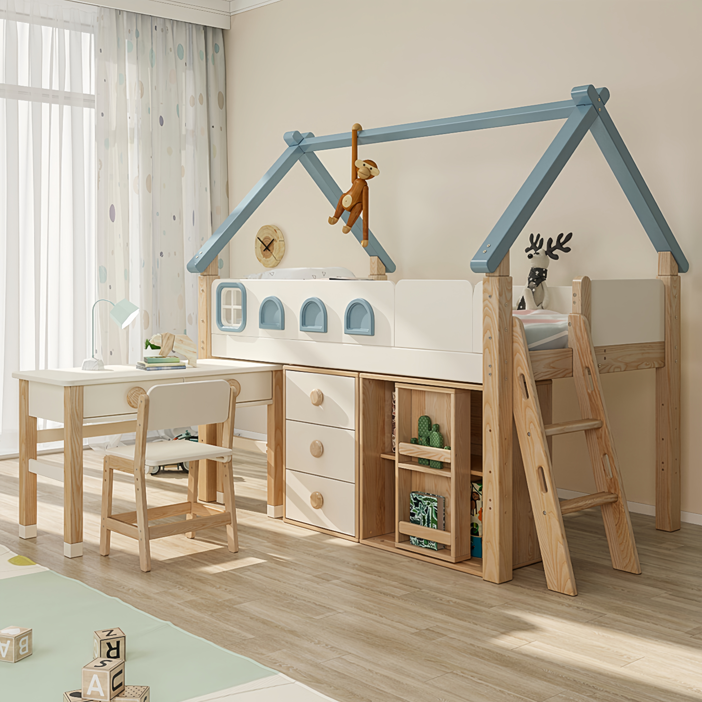 七叶木可升降白蜡木简约中高床