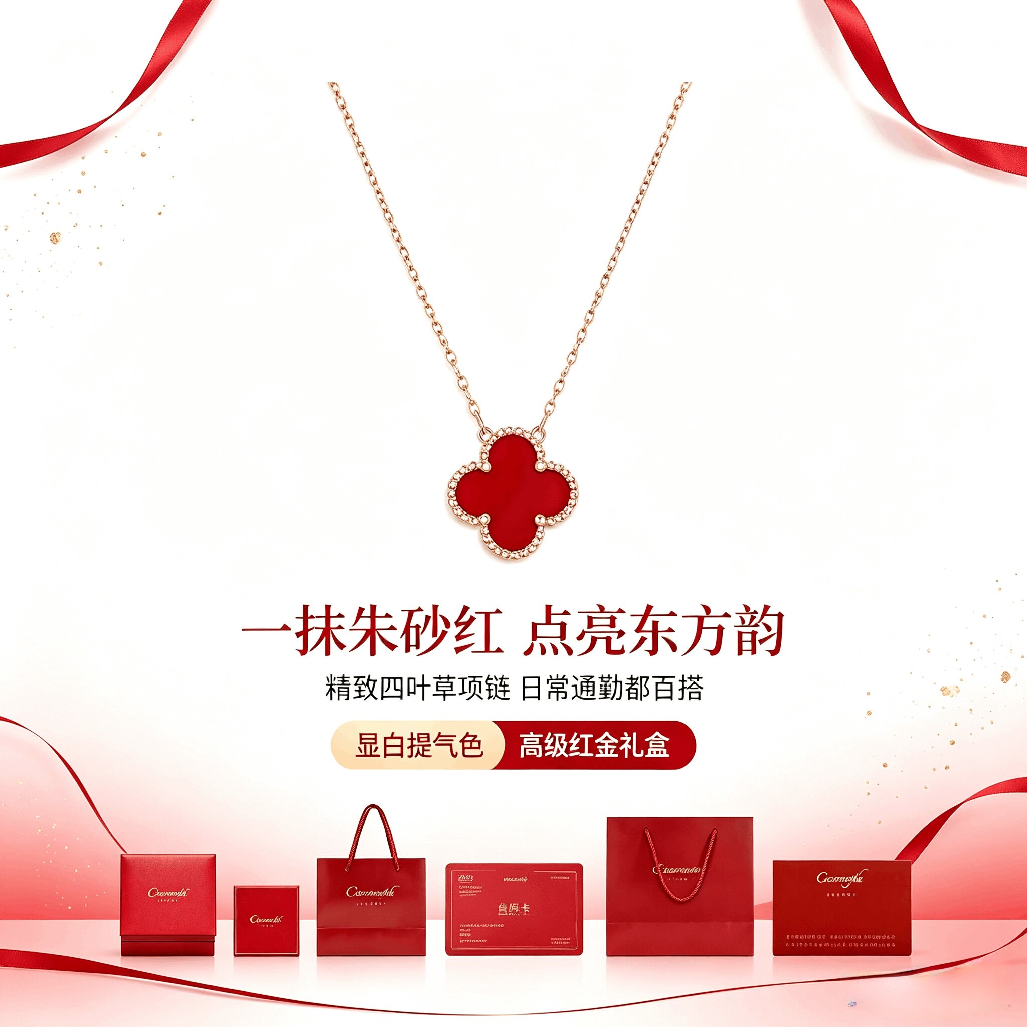 不掉色红色四叶草项链女钛钢轻奢高级设计感百搭吊坠