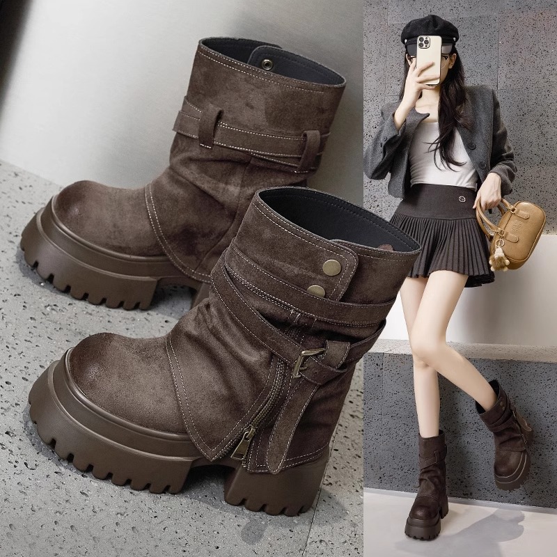 真皮厚底马丁靴小个子增高烟筒靴