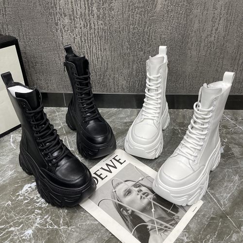 增高真皮短靴厚底系带松糕机车靴