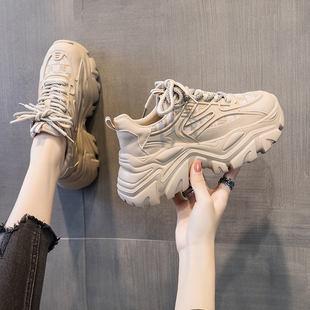 明星同款女鞋2024秋冬季新款ins超火老爹鞋厚底增高真皮加绒单鞋