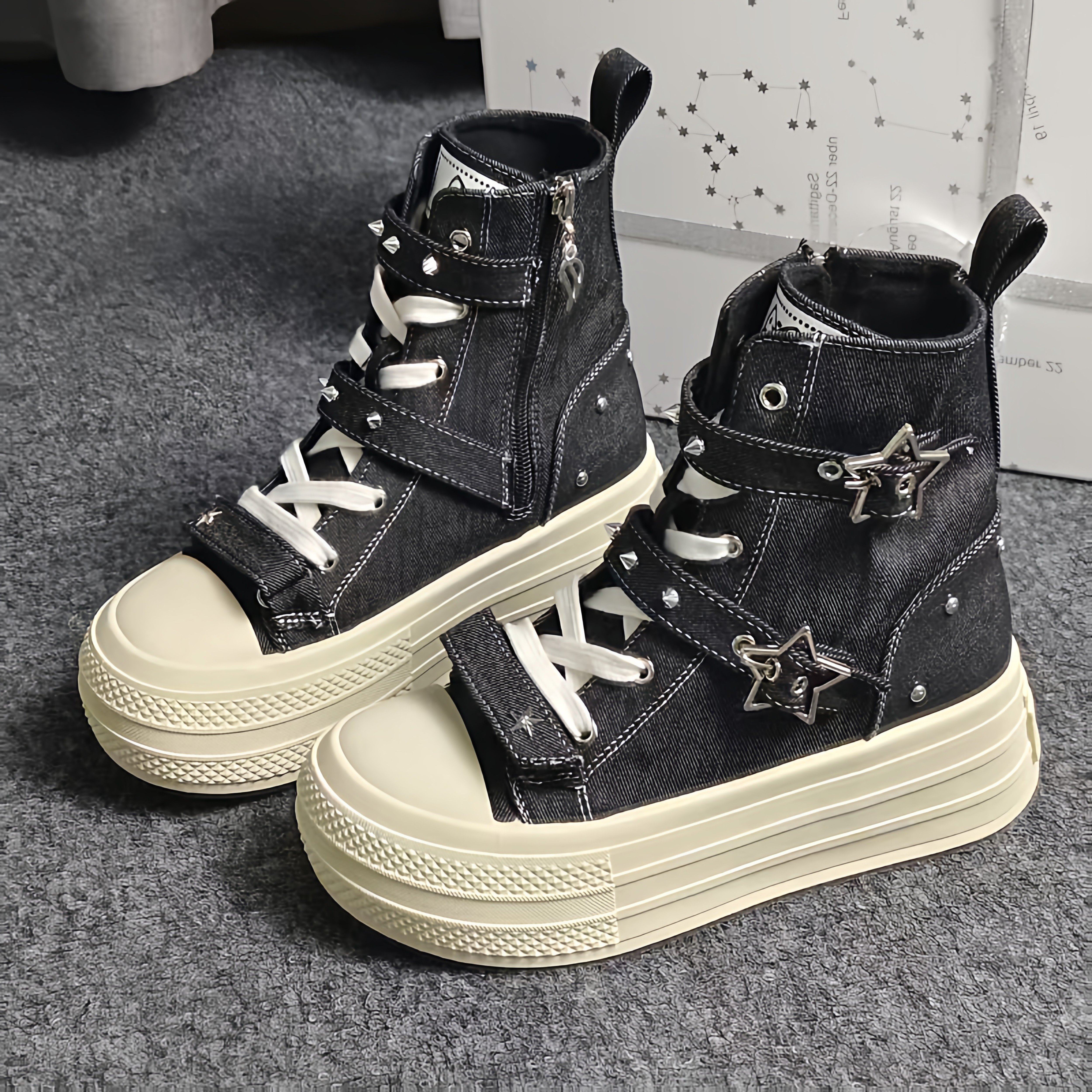 欧洲站星星装饰高帮帆布鞋女松糕厚底增高鞋百搭休闲板鞋铆钉牛仔