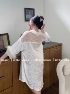 奢华纯欲风冰丝衬衫 休闲蕾丝家居睡裙 性感睡衣鸵鸟毛高级感可拆袖