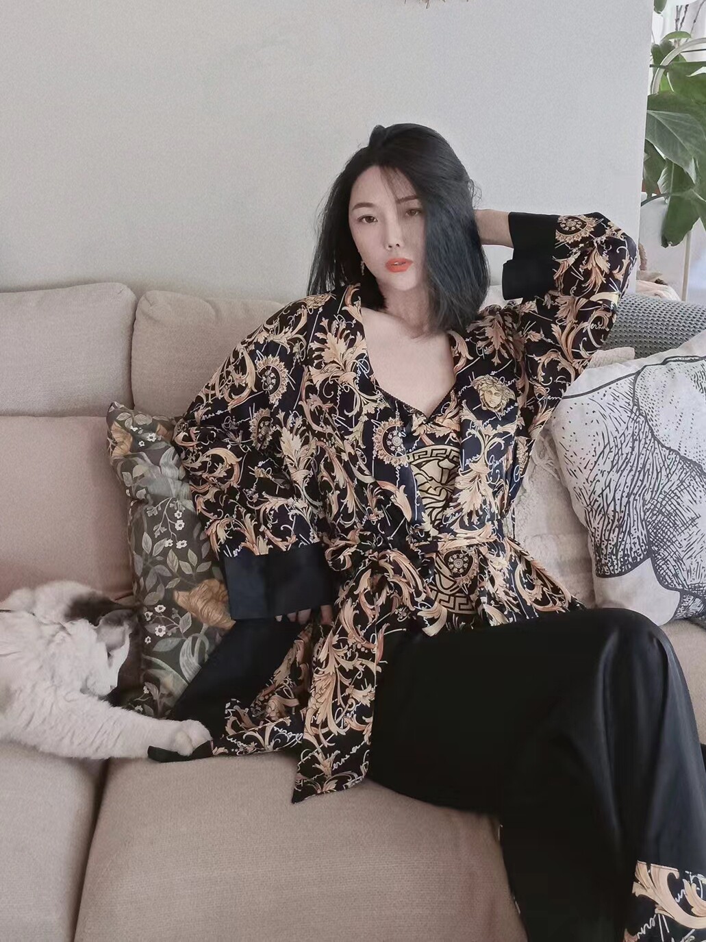 大牌轻奢时尚印花吊带+睡袍丝绸长袖三件套性感睡衣浴袍女家居服