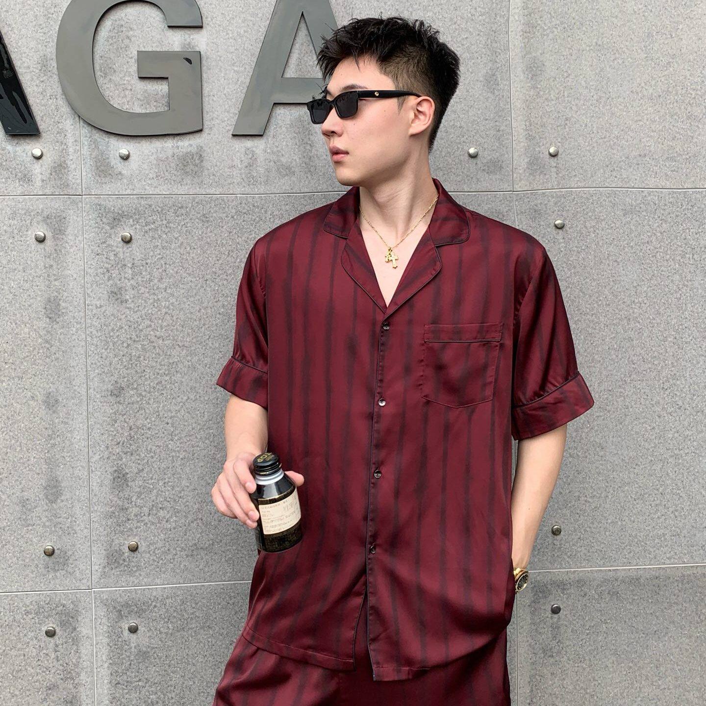 2025新品商务版个性开衫设计男潮牌冰丝条纹家居服短袖休闲睡衣