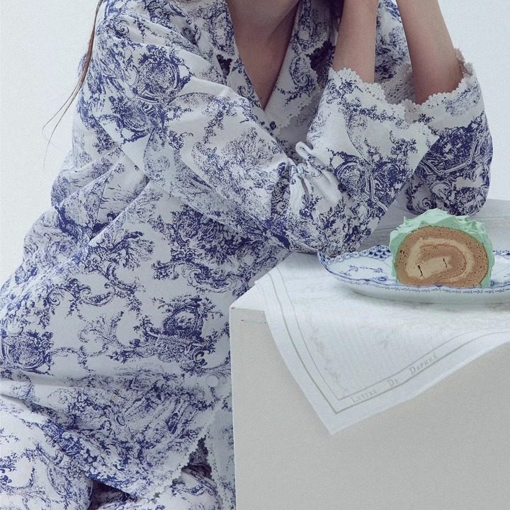法式高级巴里纱纯棉长袖休闲家居服双面水墨印花蕾丝睡衣送眼罩