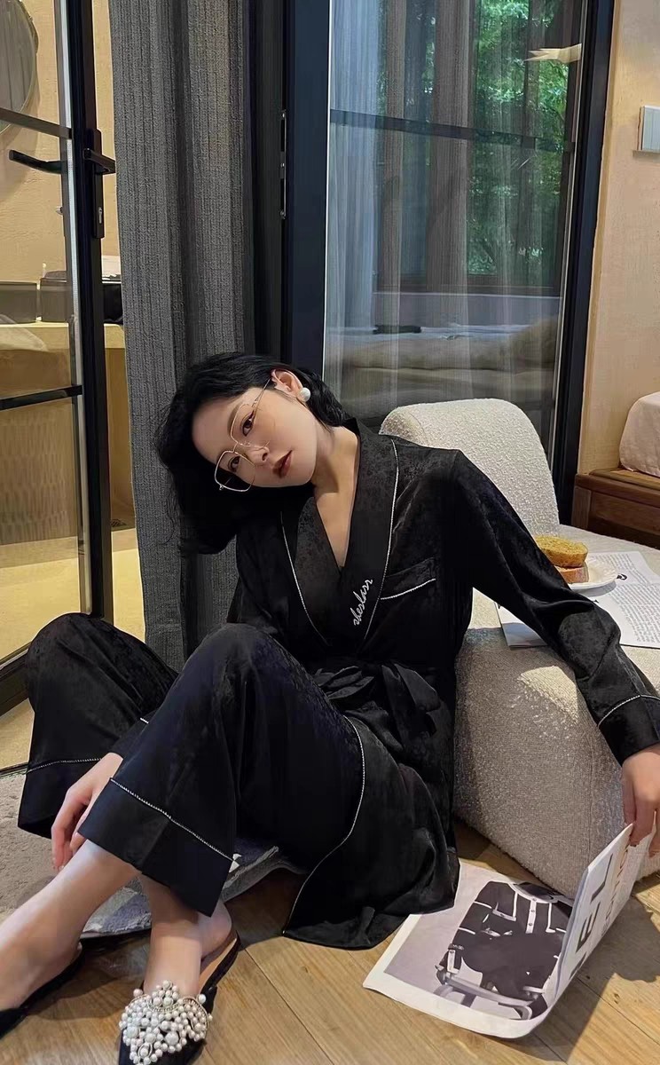奢华高档真丝提花三件套睡衣纯色刺绣简约休闲春秋冰丝睡袍家居服