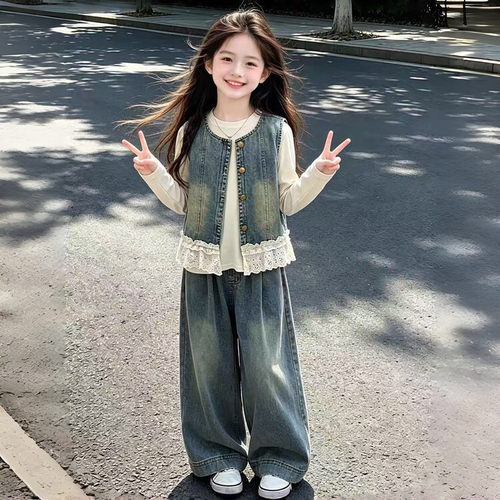 女童可爱蕾丝牛仔马甲三件套女2025春季新款儿童女复古阔腿裤套装