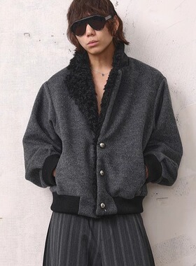 MONOLOGE 24FW 秋冬仿皮草羊毛西服翻毛领螺纹短款夹克棉服外套