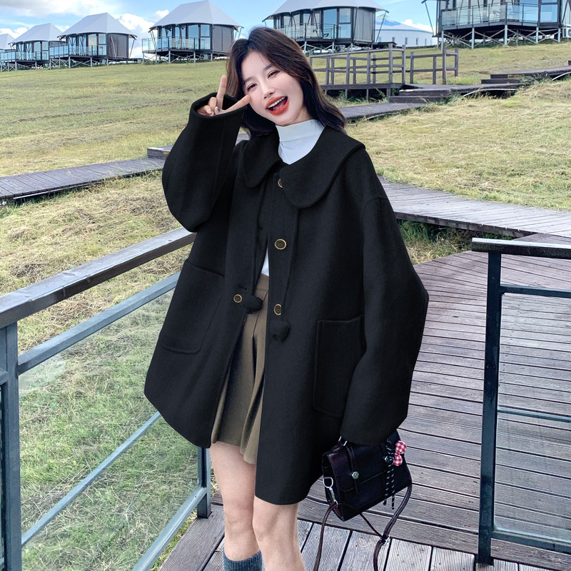 2025新秋冬兔耳朵双面羊绒大衣女中长款宽松小个子娃娃领羊毛外套