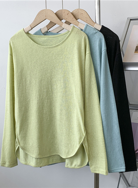 简约开叉圆弧下摆长袖圆领防晒衣女淡绿色宽松休闲舞蹈服爵士舞服