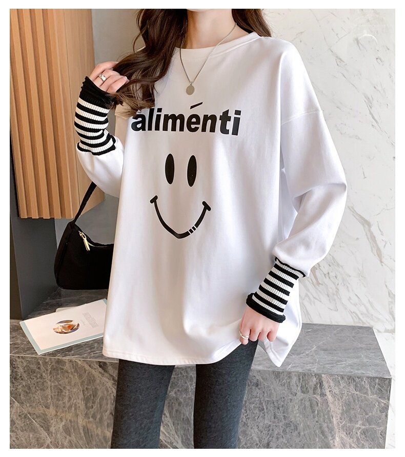 加绒打底衫卫衣女装圆领印花T恤春秋冬季白色宽松厚保暖套头上衣