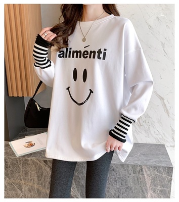 加绒打底衫卫衣女圆领印花T恤春秋冬季黑白色宽松厚保暖套头上衣