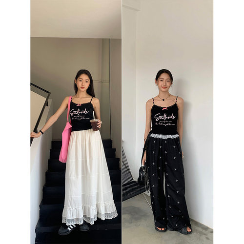 黄峥甜辣风印花蝴蝶结背心吊带女2025夏修身短款外穿上衣142SH547
