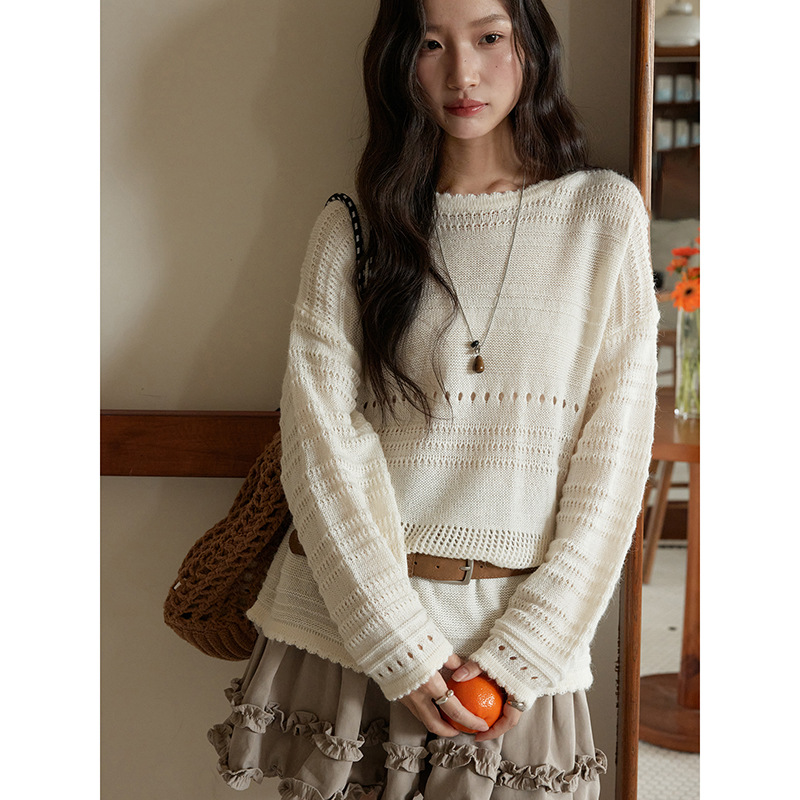 【甜橙香巧】歌铭复古镂空提花圆领针织衫秋季羊毛长袖上衣J536C