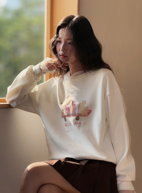 【旧梦糖匣】歌铭卡通小狗印花圆领卫衣女秋季韩系通勤上衣W548C