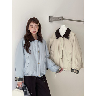 【定格胶片】歌铭复古撞色格子翻领羽绒服女装冬季宽松外套N873C