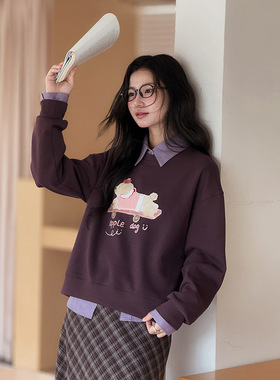 【旧梦糖匣】歌铭卡通小狗印花卫衣女秋季通勤圆领长袖上衣W548C