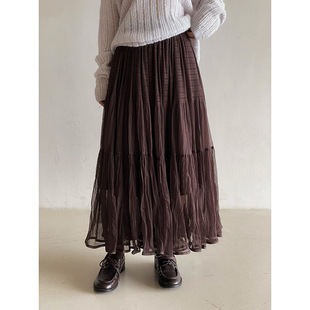 中长裙n552c 歌铭纯色简约压褶网纱蛋糕裙2025秋季 梦核