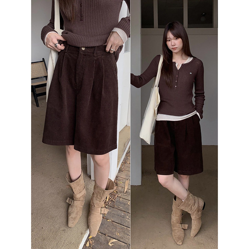 【巧克力布蕾】歌铭复古A字条绒五分裤女秋季前口袋西装短裤N435C,女装/女士精品,休闲裤,淘宝优惠券,粉丝福利购,淘宝优惠卷