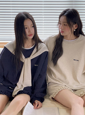 【燕麦奶泡套组】歌铭字母刺绣卫衣木耳花边抽绳短裤两件套N437C