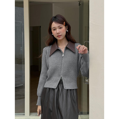 【燕麦巧巧】歌铭撞色POLO皮领双拉链针织开衫女装冬季上衣J786C