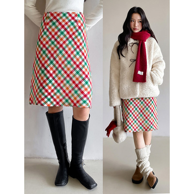 【彩虹日记 长短款】歌铭撞色格子毛呢半身裙女冬季新款短裙DR095