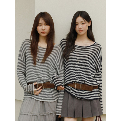 【歌铭】法式复古宽松条纹套头针织衫女装秋季新款长袖上衣N416C