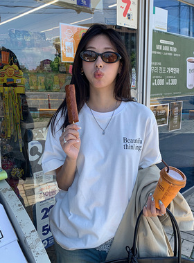 广州黄峥韩版磨毛印花短袖T恤女秋季显瘦气质百搭宽松上衣530802