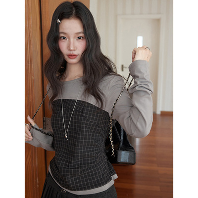 【格纹叠叠乐】歌铭复古格子拼接T恤女装2025秋季新款上衣T1988F