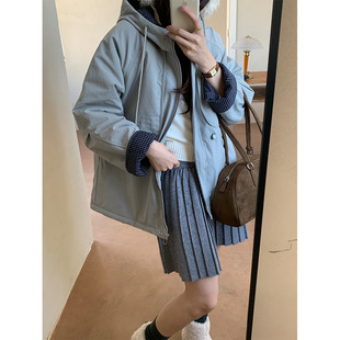 黄峥韩系撞色加厚连帽棉服外套女冬季保暖派克工装加绒大衣541135