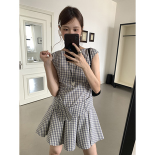 歌铭复古格子收腰连衣裙夏季 新款 百褶短裙YZ4911F 玛黑区少女