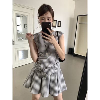 【玛黑区少女】歌铭复古格子收腰连衣裙夏季新款百褶短裙YZ4911F