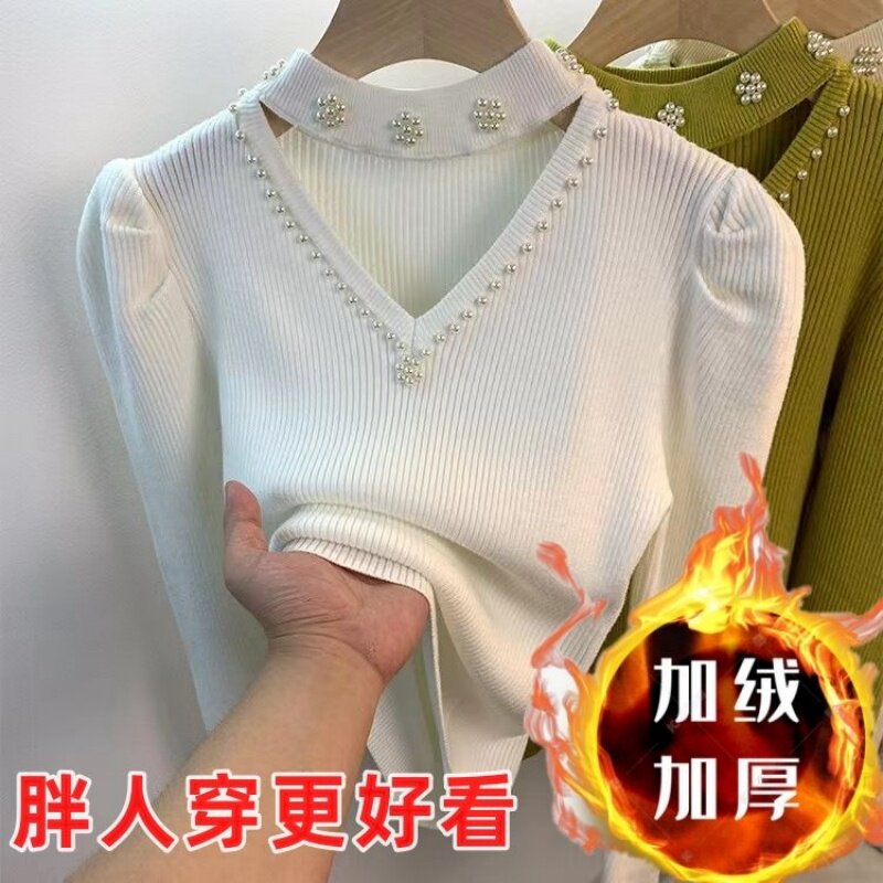 秋冬加绒加厚纯色V领宽松大码毛衣外穿一体绒针织打底衫短款上衣