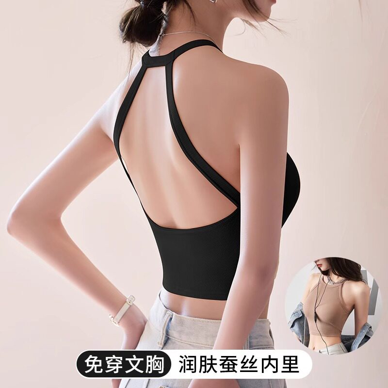 性感露背挂脖小吊带背心女内搭带胸垫美背文胸一体外穿露脐短上衣