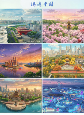 卡通手绘中国各地风景名胜明信片