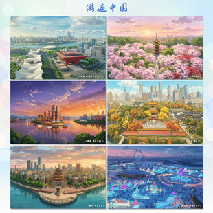 卡通手绘风中国各地风景名胜明信片旅游景点纪念贺卡创意礼物墙贴