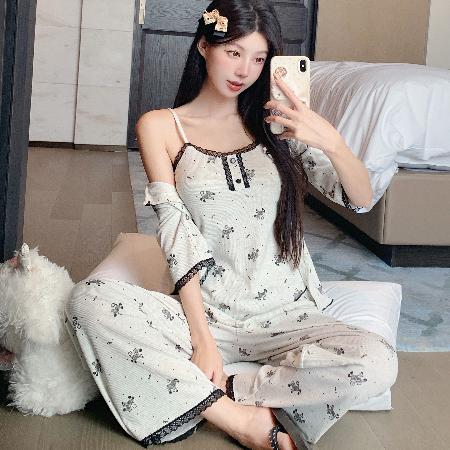 莫代尔睡衣女春夏季带胸垫