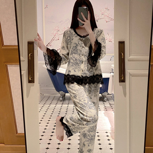 2023年新款 睡衣女秋冬季 蕾丝花边甜美高级感纯棉水墨画家居服套装